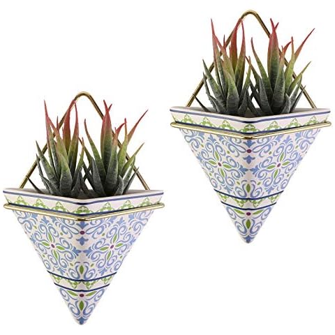 Scwhousi 2 Set Ceramic Hanging Planter Wall Decor Indoor Geometric Wall Hanging Succulent Planters Triangle Wall Planter Cover