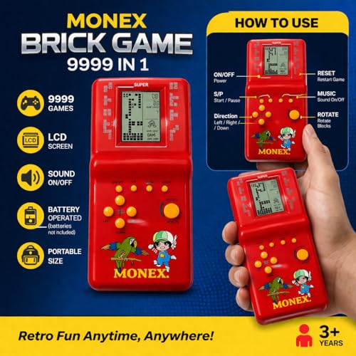 Image of Monex Brick Game 9999 in 1 Handheld Console for Kids & Adults | Retro Classic Gaming Device | Portable LCD Screen Toy | Tetris Style Game | Battery Operated