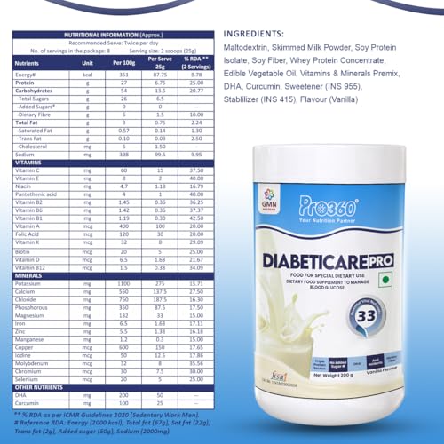 Image of Pro360 DiabetiCare Pro Nutritional Diabetic Protein Food Supplement Powder to Manage Diabetes and Blood Glucose for Adults - 200gm Jar (Vanilla)