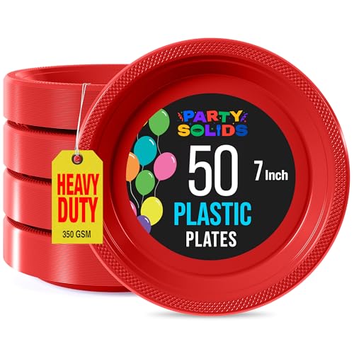 Exquisite Party Solids Red Plastic Plates For Party Supplies 7 Red Disposable Plates Heavy Duty 50 Pcs Plastic Dinnerware Sets Heavy Duty 350 GSM Disposable Dinnerware Set