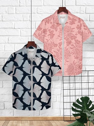 Image of HELLCAT White, Dark Blue Trendy Regular Fit Printed Causal Shirt for Boys - Pack of 2