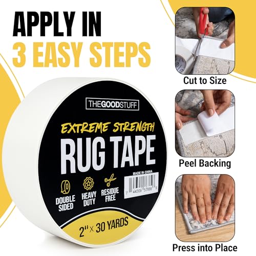 Double Sided Rug Tape [2 Inch x 30 yd] Carpet Tape for Securing Area Rugs to Carpets, Laminate, and Hardwood Floors, Easy to Remove and Restick Without Residue or Damage to Rug or Floor
