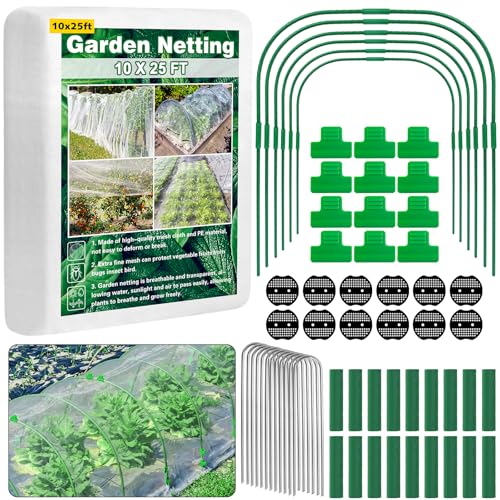 Unves 67 Pcs Garden Netting Kit 10x25 Ft Ultra Mosquito Bird Netting with 6 Hoops & 12 Clips Fruit Tree Netting for Patio Raised Beds Vegetable Flowers Protection Barrier Plant Covers Net