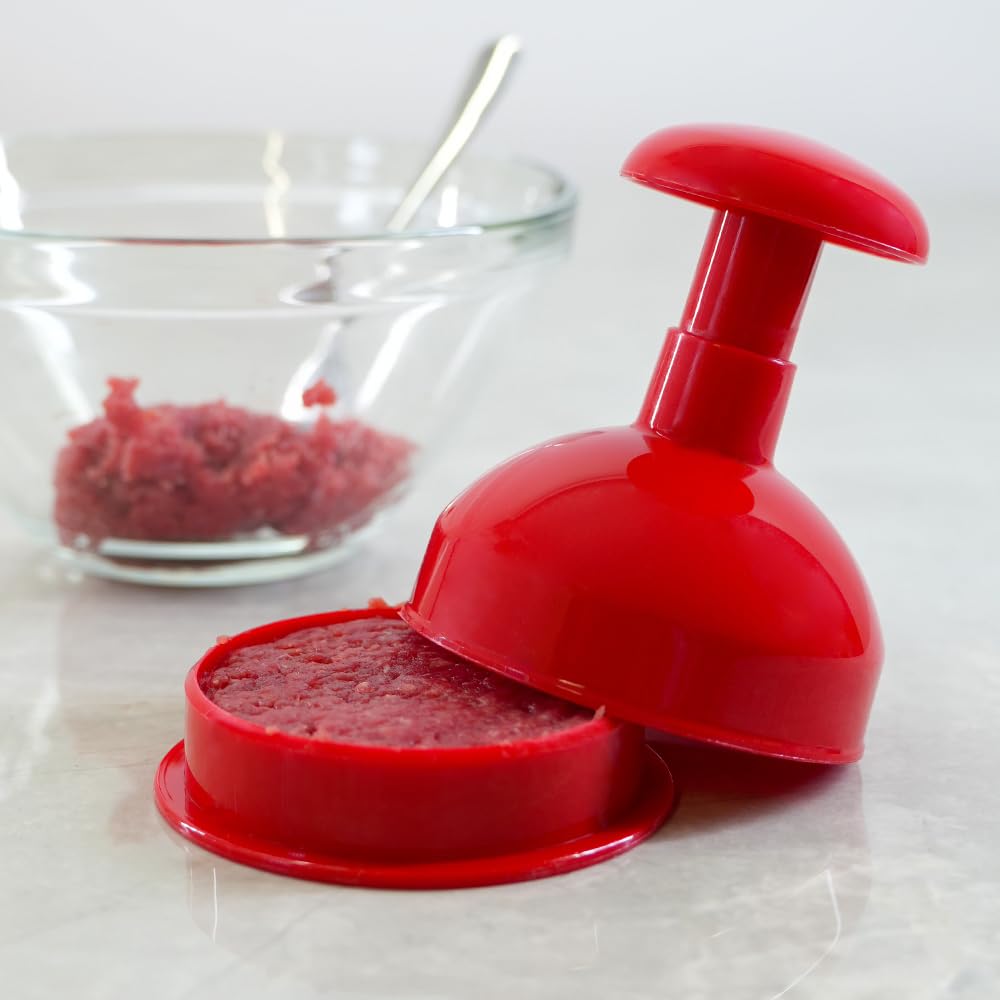 Rigamonti La Pressella Stampo per hamburger dal diametro di 9cm. Pressa per hamburger facile da utilizzare con tampone a molla in acciaio inox. Smontabile e lavabile in lavastoviglie.