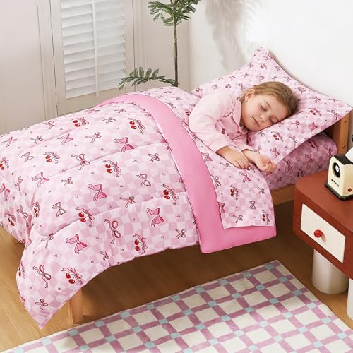 Image of lasoftan Toddler Bedding Set, Toddler Bed Comforter Sets for Girls, Toddler Bed Set, Pink Cherry Printed