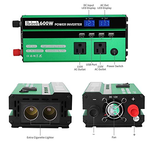 Power Car Inverter 600W DC 12V to AC 110V Power Converter with LED Display,Cigarette Lighter,2 AC Outlets,Fast Charging USB Port Car Charger for Smart Phone,Laptop,Vehicle,Camera in Camp, Emergency