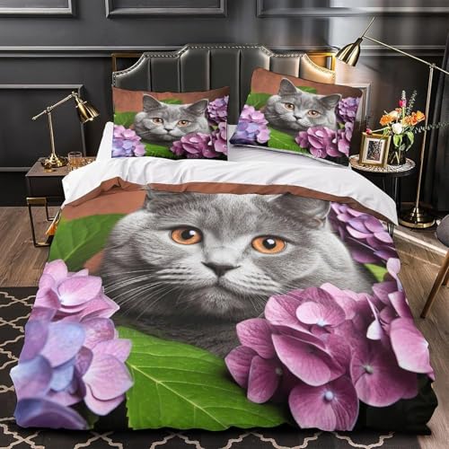 Housse de Couette 280x260 Chat British Shorthair Parure de Lit 2 Personnes Hortensias Imprimée 3D Microfibre Literie Set 3 Pièces avec Housses Couettes et 2...