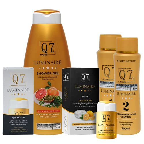 Q7 Paris Luminaire 5-in-1 Total Light Intensive Skin Lightening Bundle for Oily and Acne-prone Skin, Dark Knuckle Whitening Lotion, Anti-Spot Face Cream