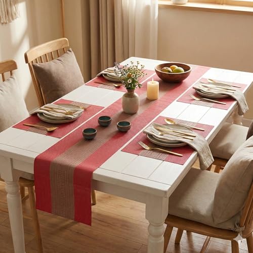 Image of YELONA Placemats and Table Runner Set - Heat Resistant, Non-Slip & Washable PVC Vinyl Dining Table Mats - Scarlet Red (4 Placemats: 45x30 cm, 1 Runner: 180x30 cm)