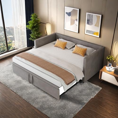DAHUEN Schlafsofa 90/180 x 200 cm,Tagesbett Ausziehbar, mit Ausziehbett,2-Sitzer-Sofa, Bett mit Lattenrost, Samt, Dunkelgrau, Matratze Nicht im...