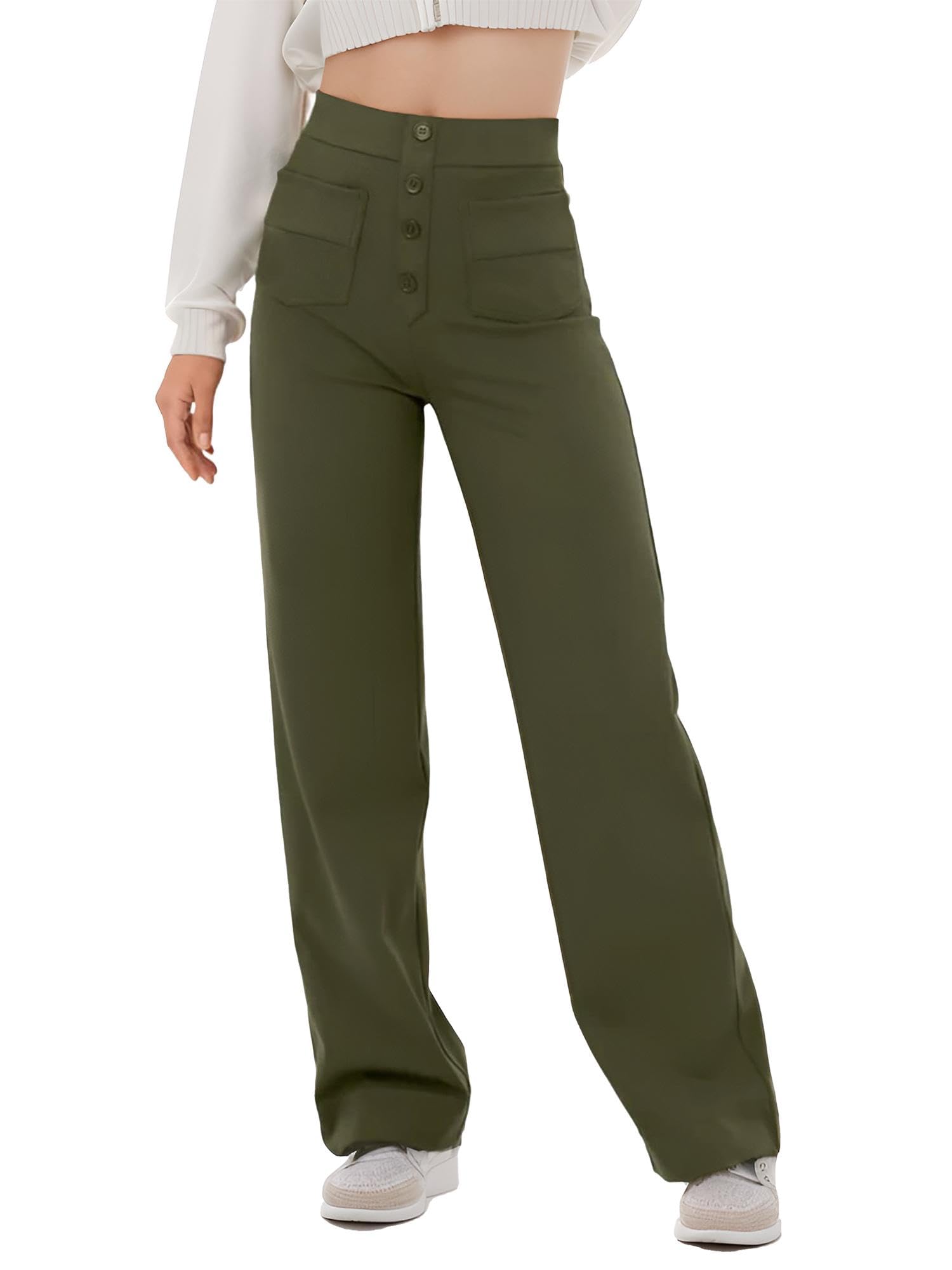 Womens Casual Straight Leg Pants High Waisted Button Down Stretchy Trousers with Multiple Pockets Black