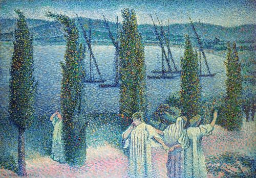 Cuadro en lienzo Veduta costiera con cipressi, reproducción artística de 60x90cm