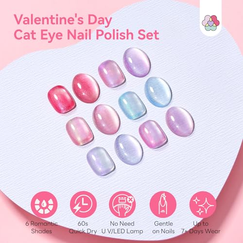 Image of SAVILAND Valentine Nail Polish Set: Quick Dry 6 Colors Cat Eye Nail Polish Shimmer Romantic Pink Series Magnetic Cateye Fingernail Polish with Magnet Stick DIY Manicure Gift for Women Girls10ml