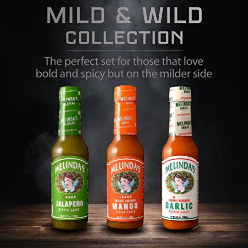 Image of Melinda's Mild & Wild Variety Pack - Gourmet Hot Sauce Gift Set with Variety of Fresh Flavors - Includes Jalapeno, Mango & Garlic Habanero - Premium Hot Sauce Variety Pack with Mild Heat - 5oz, 3 Pack