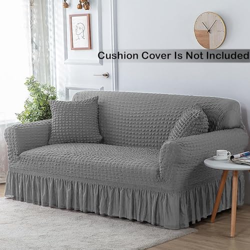 Image of Lukzer 320 GSM Stretchable 5 Seater Turkish Sofa Cover Universal Couch Protector Bubble Fabric with Frill Universal Big Elasticity Slipcover (Ash Grey /SC-099-05)