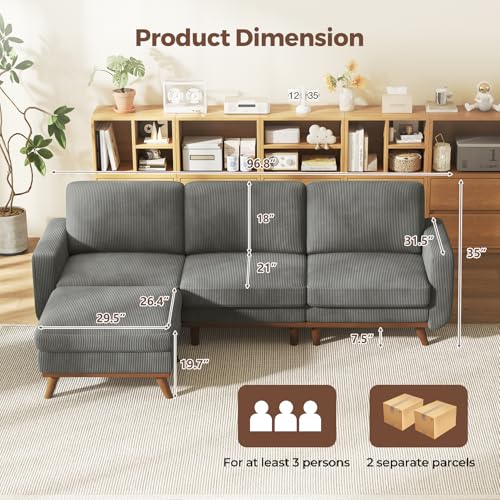 Image of Vesgantti 97 inch Modular Sectional Sofa Dark Gray, L-Shaped Couch with Movable Ottoman, Comfy Corduroy Couch with Spring Cushion, Modular Sofa with Deep Seat for Living Room, Bedroom and Apartment