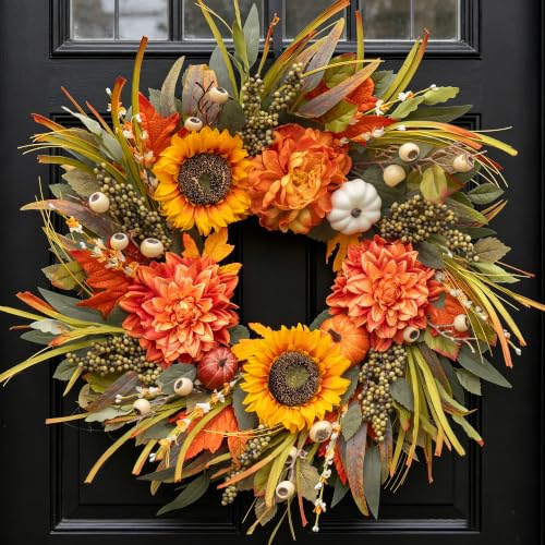 Image of Artificial Fall Wreaths for Front Door 24 Inch Harvest Autumn Leaf Wreath | Realistic Fall Door Wreath with Sunflowers,Dahlias,Pumpkins & Berries-Indoor Outdoor Thanksgiving,Halloween,Porch,Wall Decor