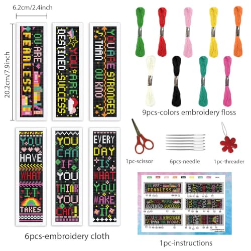 Image of INFUNLY 6Pcs Inspirational Words Cross Stitch Bookmark Kits 8 inchx2.4 inch DIY Encourage Texts Embroidery Bookmark Kits for Beginners with Instruction Motivational Bookmark Making Kit for Students