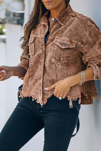 Womens Cropped Corduroy Jacket Casual Button Down Shacket Coat Fringe with Frayed Hem4