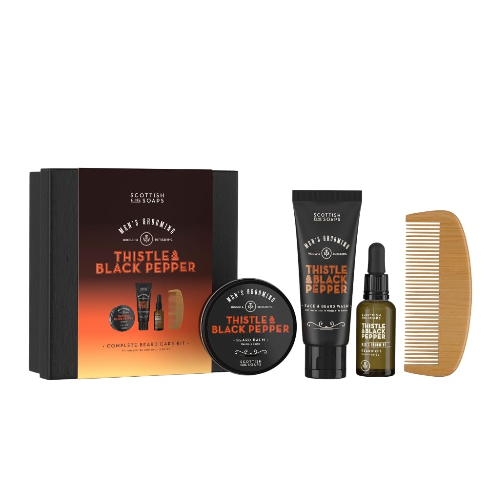 Scottish Fine Soaps Men's Grooming Thistle & Black Pepper Complete Beard Care Kit – Gift Set for Him, Beard Balm, Beard Oil, Face Wash and Comb in Set