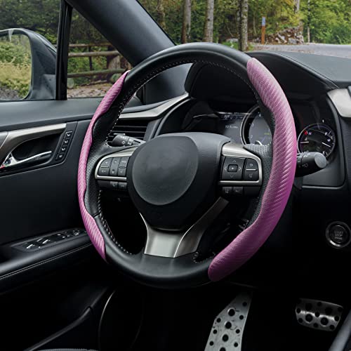 Image of Amiss 2pcs Carbon Fiber Anti-Skid Steering Wheel Cover, Waterproof & Segmented Butterfly Design, Universal 99% Vehicle Wheel Cover Protector, Car Interior Accessories (Pink-2pcs)