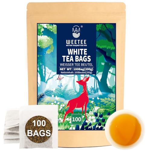 WEETEE Weißer Tee Beutel 100 Stück White Tea Bags reiner Weisser Tee mild und mild mit Antioxidantien | Wiederverschließbarer Kraftbeutel | Heiß oder eisgekühlt aufbrühen