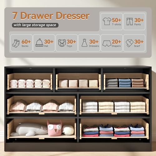 Image of Black Dresser with 7 Drawer - 55 inch Wide Fluted Dresser for Bedroom with Metal Handle, Chest of Drawer, Wood TV Stand for Bedroom, Living Room, Black
