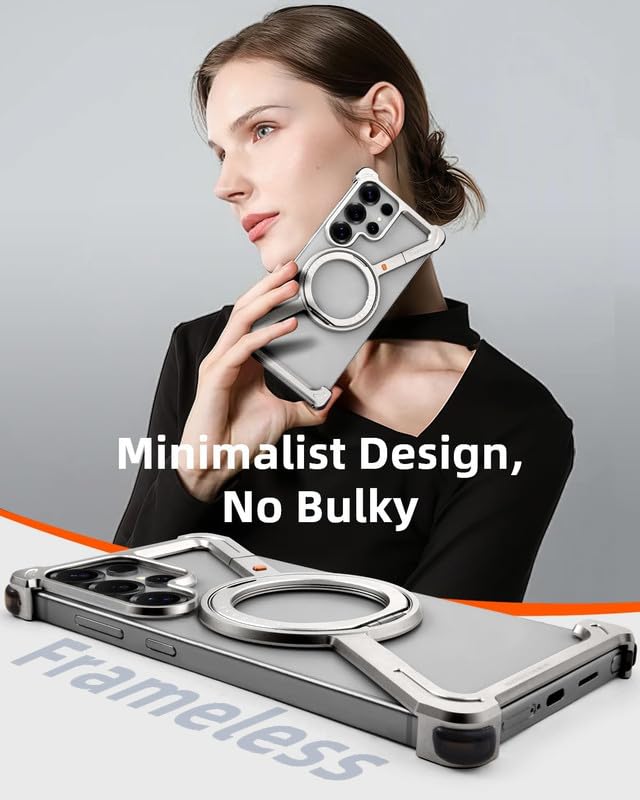 Image of Z Shaped Metal Frameless 360 Rotatable Ring Metal Bumper Case with Kickstand for Samsung Galaxy S25 Ultra Case Compatible with Wireless Charging | Luxury Aluminum Armor (Silver)
