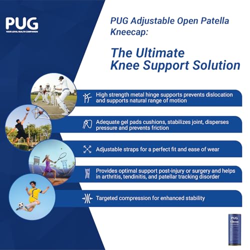 Image of PUG Open Patella Kneecap, Adjustable Hinged Knee Brace for Wider Indian Knees, Tailored for Recovery from Knee Injuries and Surgeries, Anti-Slip and Supportive, Pack of 1, Matte Black