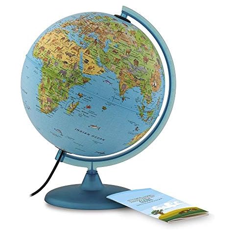 Tecnodidattica Safari Globe for children | with animals and landmarks |Illuminated and revolving | Uptodate cartography and information booklet in English | Graduated meridian | 12"/30cm Diameter Cover