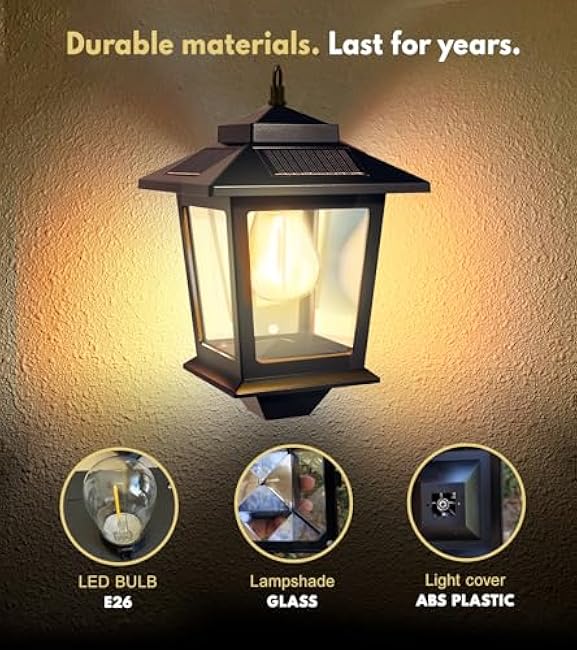 2 Pack Solar Wall Lanterns with Replaceable Bulb, Outdoor Hanging Solar Lights with 4 Solar Panels, Dusk to Dawn Led Outdoor Wall Sconce, Anti-Rust Waterproof Wall Lanterns with Hooks