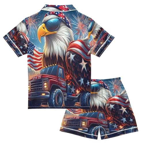 ALAZA American Flag Truck Parrot Satin Pajamas Set Short Sleeve Button Down Sleepwear Summer Pjs 2 Piece2