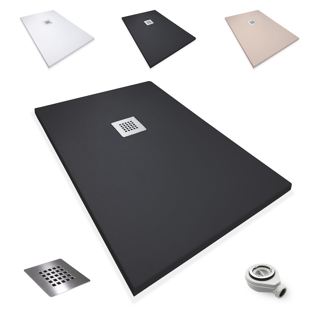 Platos de Ducha Antideslizantes de Resina, Antibacterianos, Resistentes al Calor y Rayados, Nula Absorción de Agua, Blanco, Negro y Beige (Negro, 70 x 80)