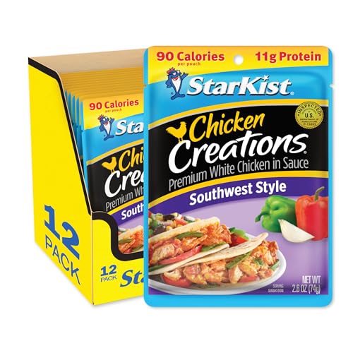 StarKist Chicken Creations Southwest Style Pouch (2.6 oz - 12 Pack) Fully Cooked High Protein White Meat, Soy Free, No Draining, Ready to Eat for Salad and Sandwiches