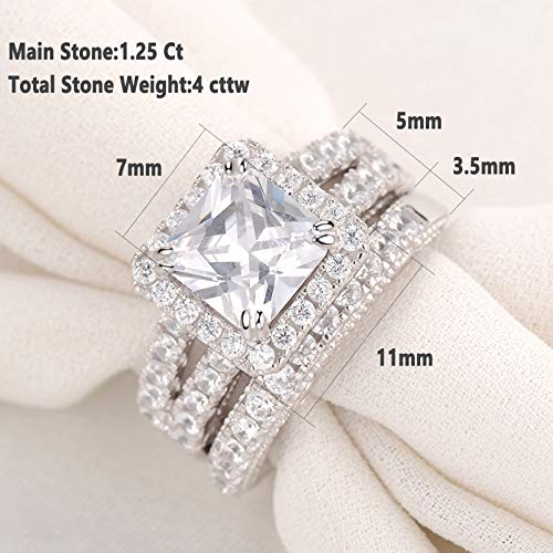 Wuziwen 4 Carats Wedding Engagement Ring Set for Women 925 Sterling Silver Cubic Zirconia Size 4-13