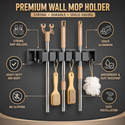 Image of TENOM Broom Holder Wall Mount, Space Aluminium Rust Proof Mop Holder, Broom Stick Holder Wall Mounted with Hooks, Mop Hanger for Kitchen, Bathroom & Home