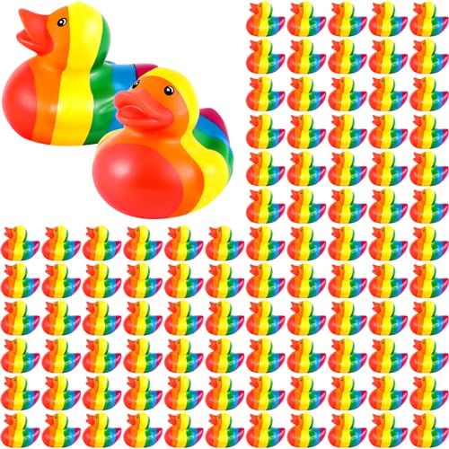 DEEKIN Rainbow Rubber Ducks Bulk Mini Cruise Rubber Duckies Set Bathtub Ducky Decorations for Rainbow Colorful Birthday LGBT Party Favors Gift(24 Pcs)