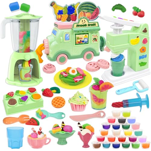 VBACALA Set de Pâte à Modeler, Cuisine de pour Enfants, Sorbetière +Spaghetti Maker+Smoothie Blender, 62 Accessoires avec 24 Pots de Pâte à Modeler, Garçons et...