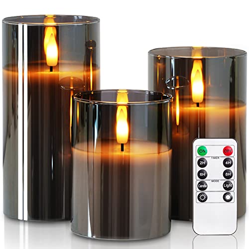 Homemory Grey Glass Flameless Candles, Battery Operated LED Pillar Candles with Remote Control and Timer, Radiance Candles, Real Wax, Set of 3,D3 xH4 5″ 6″