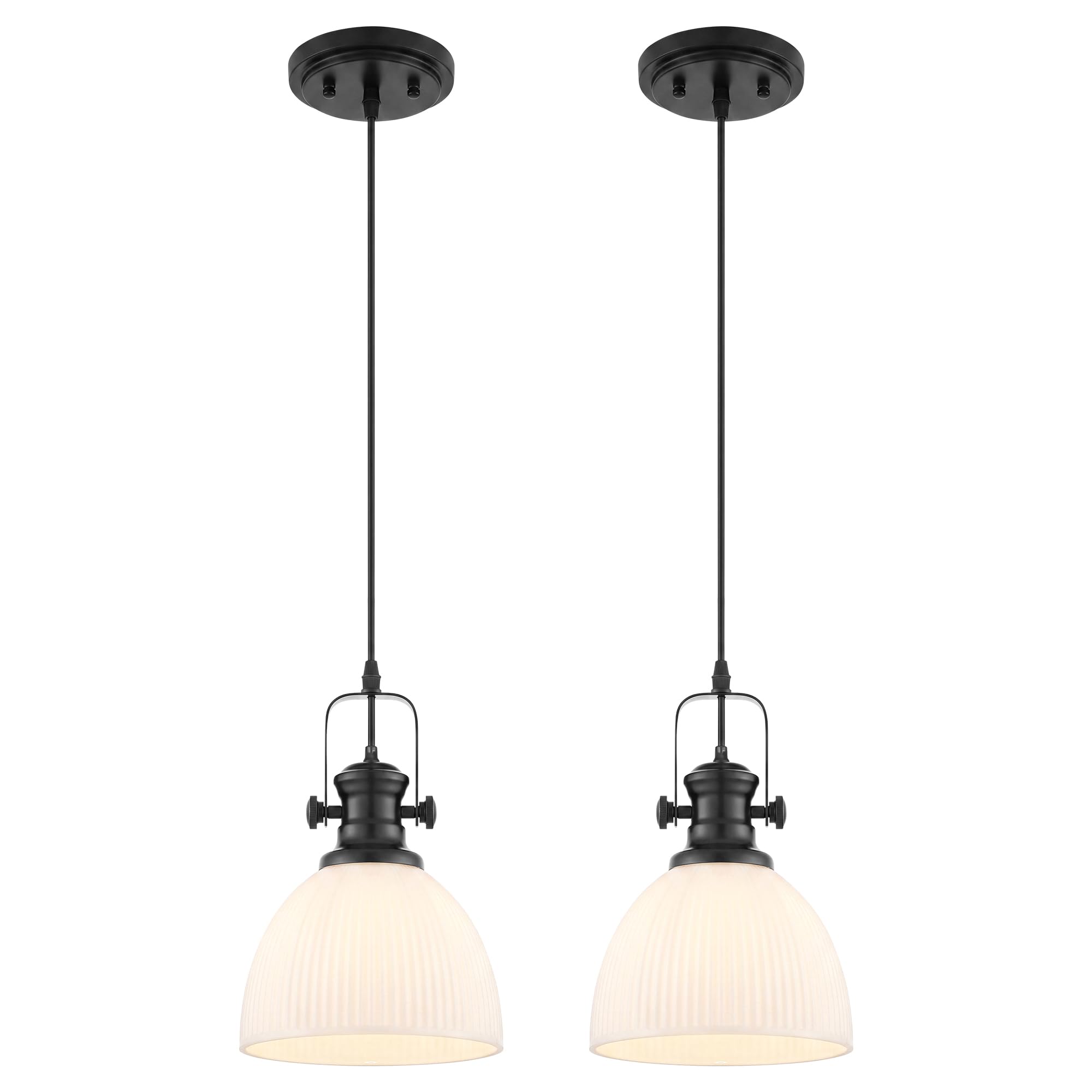 2-Pack Black Pendant Light Kitchen Island, 7.5" White Ribbed Glass