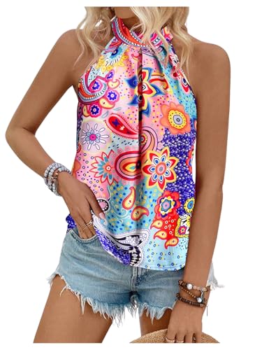 Image of RoseSeek Women's Tropical Paisley Halter Blouse Boho Shirt Vacation Tops