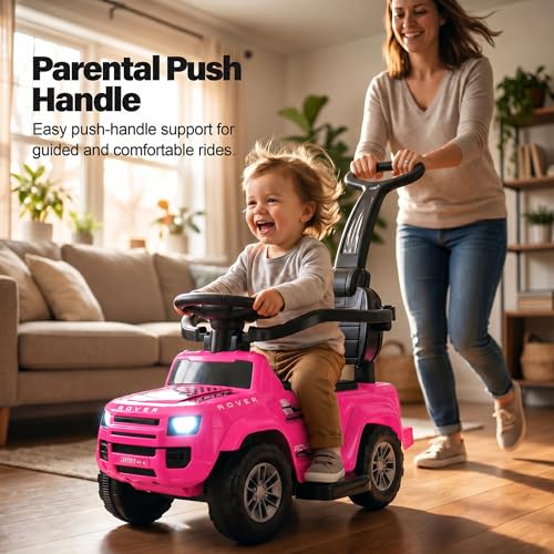 Image of Baybee Ride on Cars for Kids | Baby Push Ride ons Toys Car with Parental Handle & Safety Guardrail | Baby Toy Car with Backrest, Light & Music | Outdoor Kids Cars for 1 to 3 Years (Rover Pro Pink)