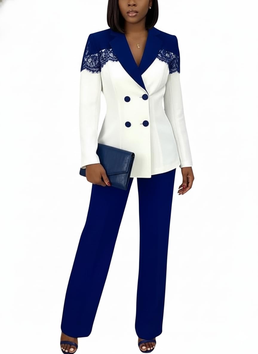 Tcremisa Womens 2 Piece Pants Suit Long Sleeve Lace Patchwork Blazer Straight Leg Pant Set Business Office Work