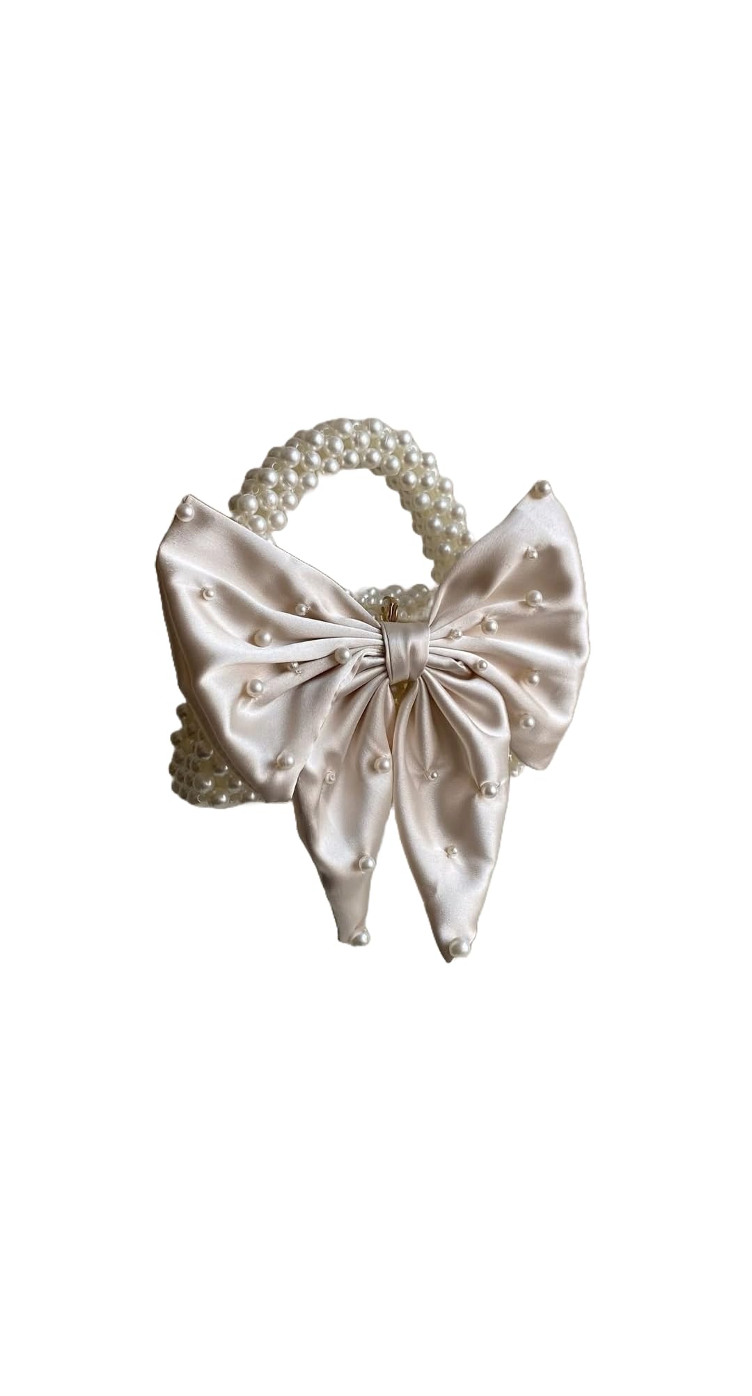 thepearlynest Elegant Pearl Bow Handbag, Satin Finish with Pearl Embellishments, Off-White, Party wedding purse-picture-44