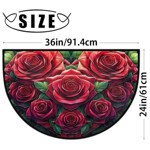 Image of cfpolar Half Round Door Mat Flower Red Rose Non-Slip Semi Circle Area Rug Washable Half Moon Hearth Rugs for Indoor Outdoor Bathroom Kitchen Patio Runner Mat Laundry Room Home Decoration