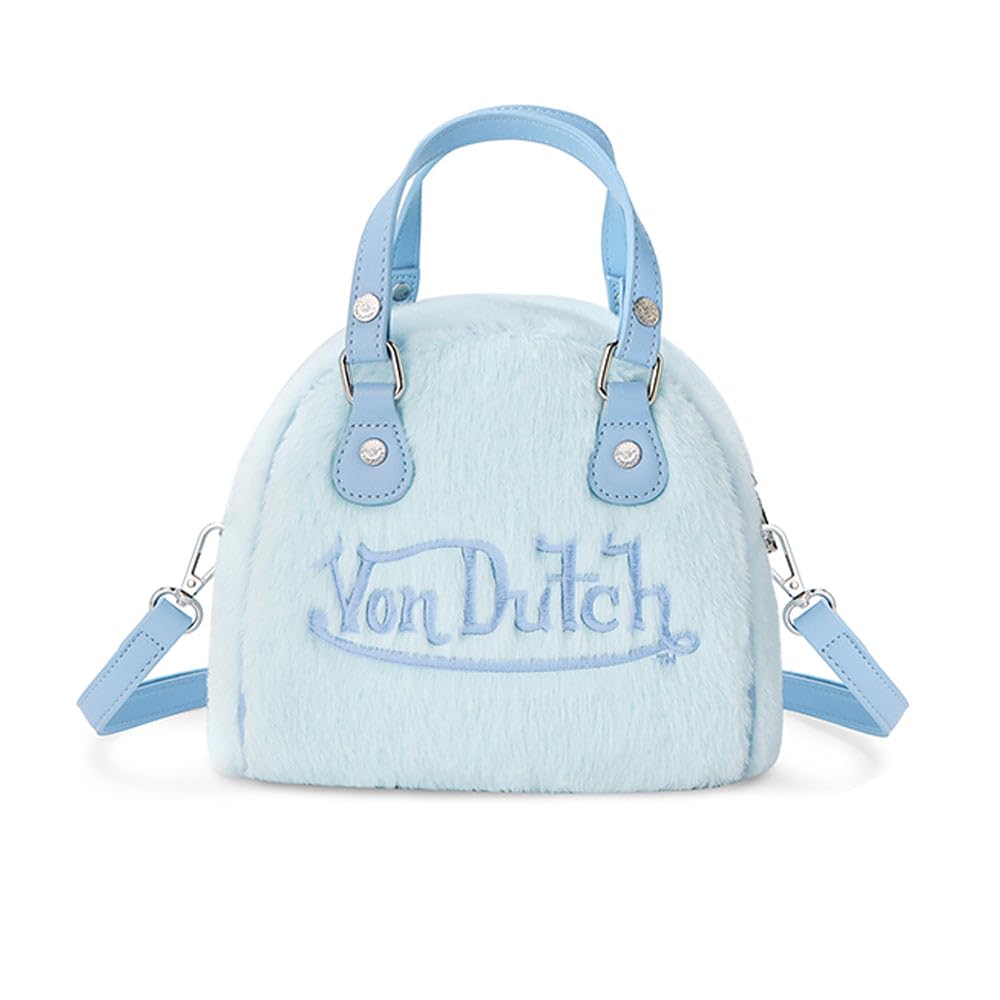 Von Dutch Womens Furry Bowling Bag Purse - Stylish Women's Handbag with Adjustable Strap, Spacious Interior, and Iconic Logo Design (Light Blue Furry)