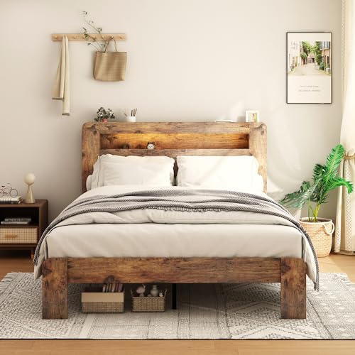 Image of Bellemave Rustic Vintage Queen Size Bed Frame with Bookshelves,Storage Headboard and Charging Station,Wooden Platform Bed Frame Queen Size with LED Lights and Wood Slats,Easy Assembly,Dark Brown