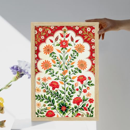 Image of ArtX Paper Floral Art Paintings with Frame for Home Decor, Madhubani Wall Painting for Living Room, Multicolor, Natural Wood Color Frames, 12.0 x 18.0 inch, Set of 2