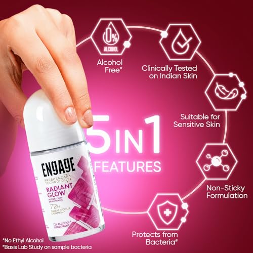 Image of Engage Radiant Glow Underarm Roll On Deo for Women|72 Hour Sweat & Odour Protection|Instant Skin Brightening|Advanced Antiperspirant Formula|FreshEncap Technology| 0% Alcohol|Non Sticky|50ml
