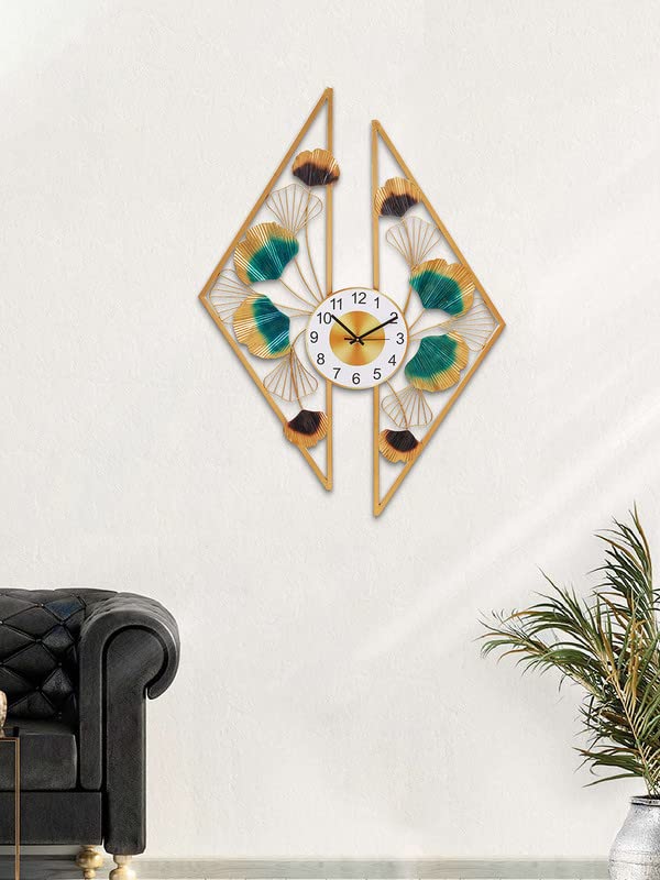 Image of CHRONIKLE Stylish Wall Art Floral Design Analog Metal English Numbers Wall Clock for Living Room Home Decoration Office Gifts (Size: 68 x 1 x 97 CM | Weight: 2230 Gram | Color: Golden & Green)